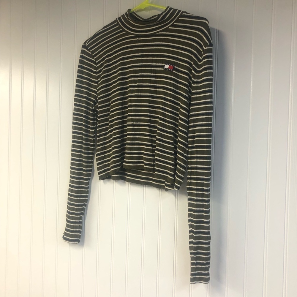 Tommy Hilfiger Tommy Jeans Striped Long Sleeve Top Cut Off XL Green - Picture 2 of 5